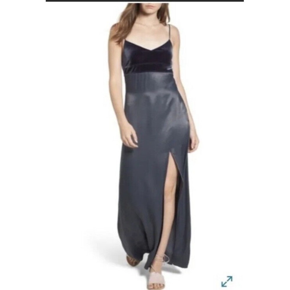Holiday Party Dress M Blue Velvet Grey Satin Maxi long Wedding Guest Nordstrom